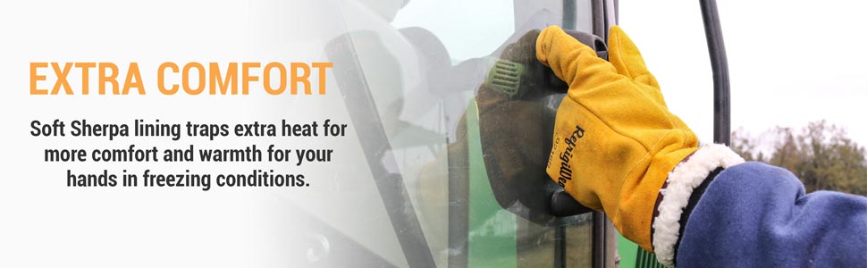 Extra comfort. Soft sherpa lining traps extra heat for more comfort and warmth for your hands in freezing conditions.