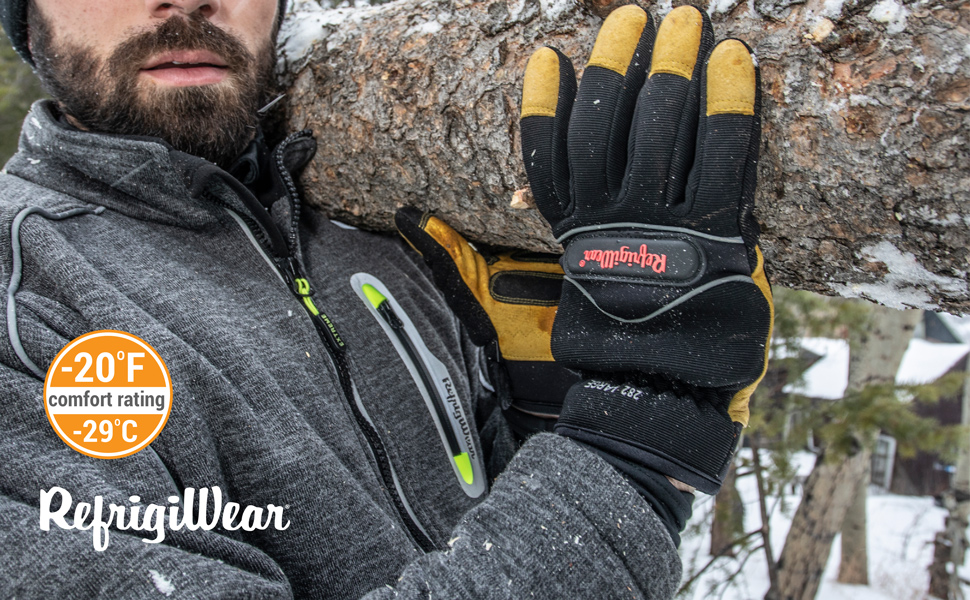 Man carrying log wearing the Insulated abrasion safety glove