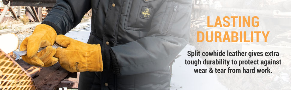 Lasting durability. Split cowhide leather gives extra tough durability to protect against wear and tear from hard work.
