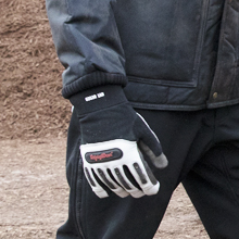 Close up of someone wearing the ergo goatskin glove