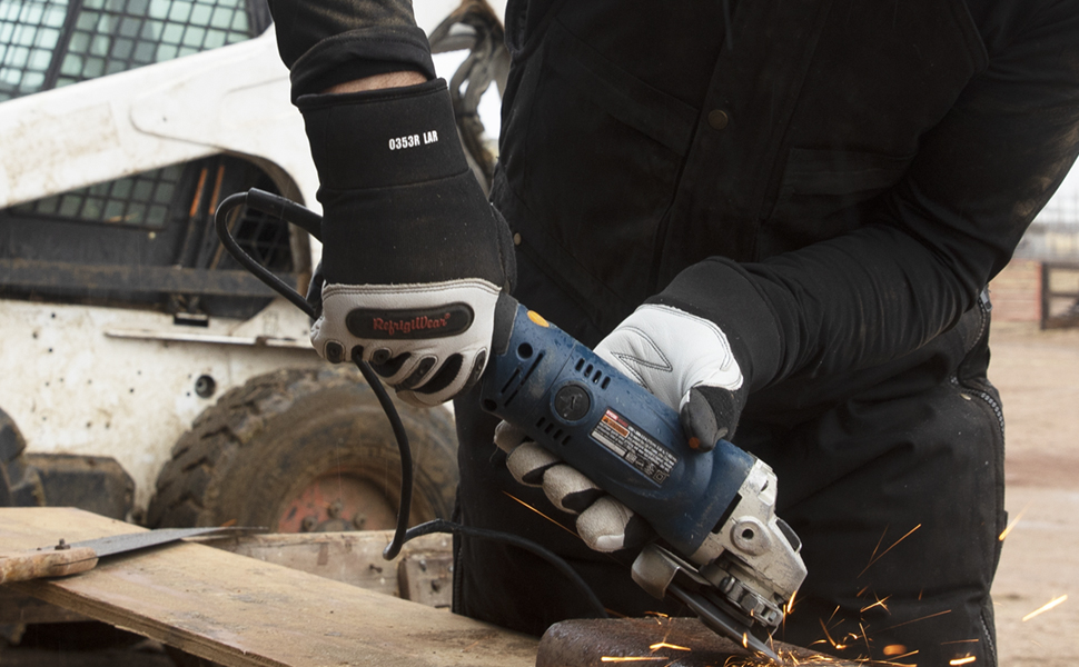 Close up of someone wearing the Ergo Goatskin Glove using a grinder