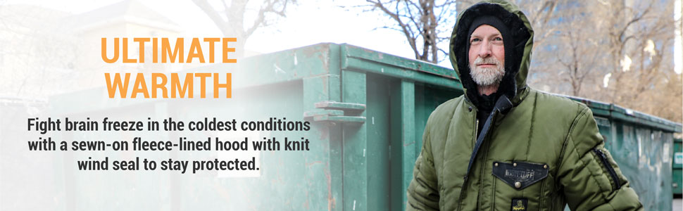 Ultimate Warmth. Fight brain freeze in the coldest conditions  with a sewn-in  fleece-lined hood with knit wind seal to stay protected