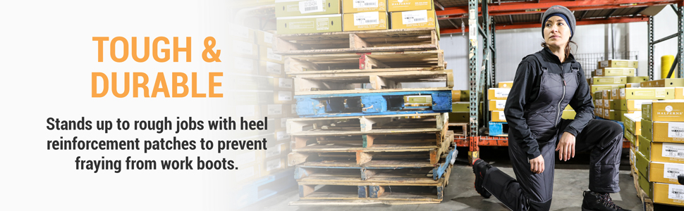 Tough and durable. Stands up to rough jobs with heel reinforcement patches to prevent fraying from work boots.