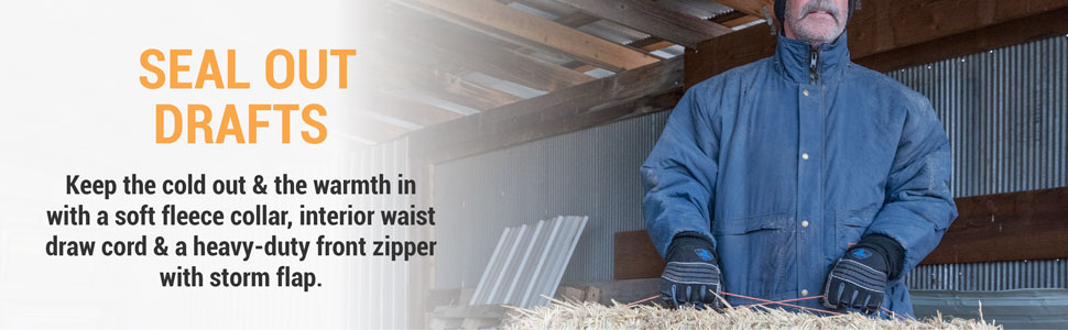 Seal out drafts. Keep the cold out and the warmth in with a soft fleece collar, interior waist draw cord and a heavy-duty front zipper with a storm flap.