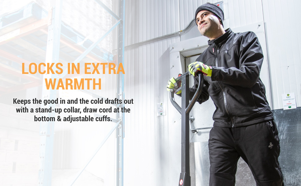 Locks in extra warmth. Keeps the good in and the cold drafts out with a stand up collar, draw cord at the bottom and adjustable cuffs.