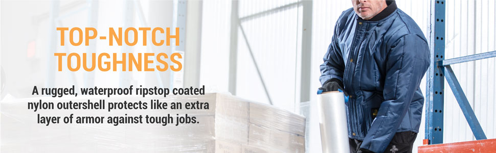 Top-Notch toughness. A rugged, waterproof ripstop coated nylon outershell protects like an extra layer of armor against tough jobs.