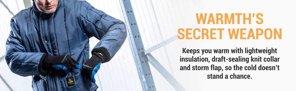 Warmth's secret weapon. Keeps you warm with lightweight insulation, draft-sealing knit collar and storm flap, so the cold doesnt stand a chance.