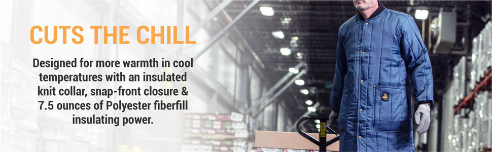 Cuts the chill. Designed for more warmth in cool temperatures with an insulated knit collar, snap-front closure and 7.5 ounces of polyester fiberfill insulating power.