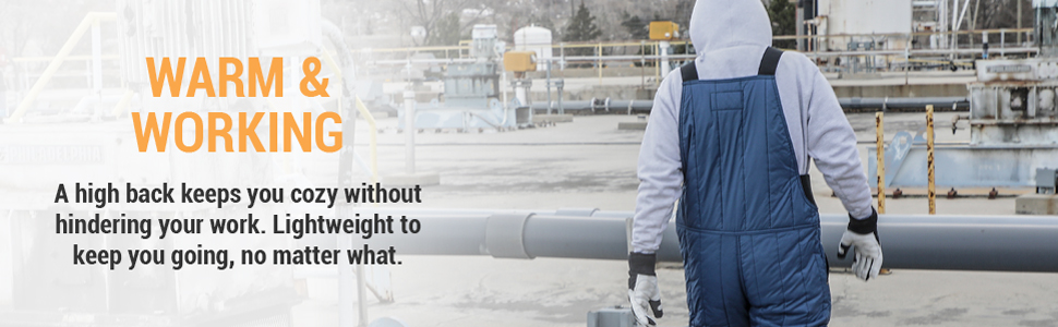 Warm and working. A high back keeps you cozy without hindering your work. Lightweight to keep you going, no matter what.