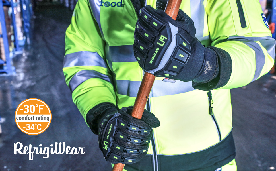 Close up of someone wearing the extreme freezer mitts gripping a handle