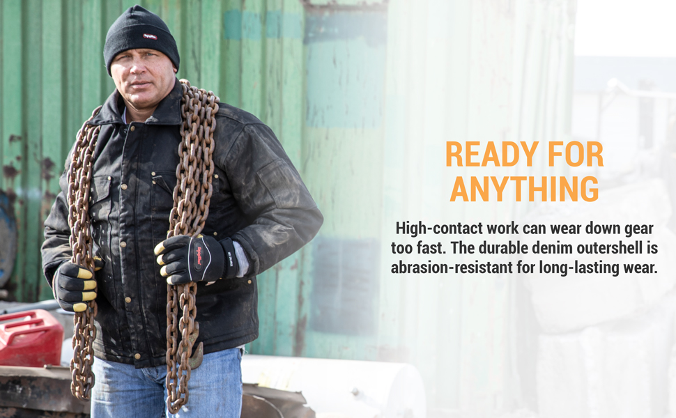 Ready for anything. High-contact work can wear down gear too fast. The durable denim outershell is abrasion-resistant for long-lasting wear.