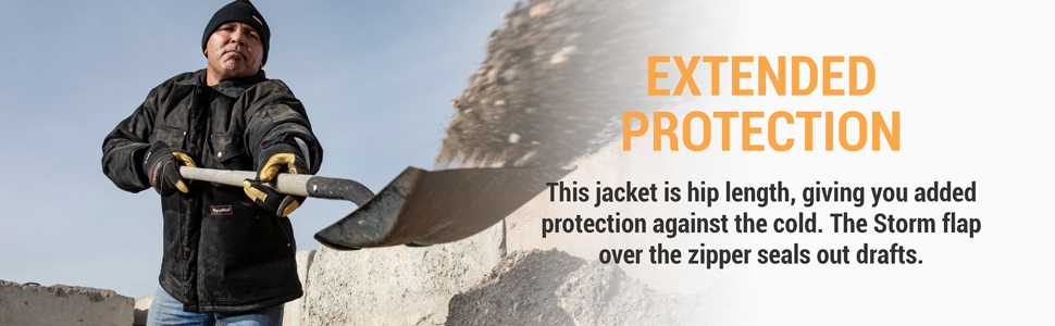Extended protection. This jacket is hip length, giving you added protection against the cold. The storm flap over the zipper seals out drafts