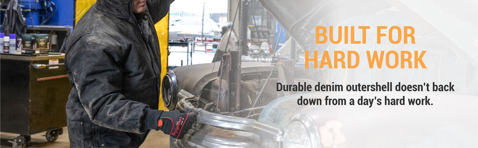 Built for hard work. Durable denim outershell doesn't back down from a day's hard work