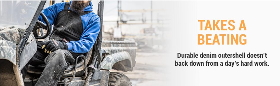 Takes a beating. Durable denim outershell doesn't back down from a day's hard work.