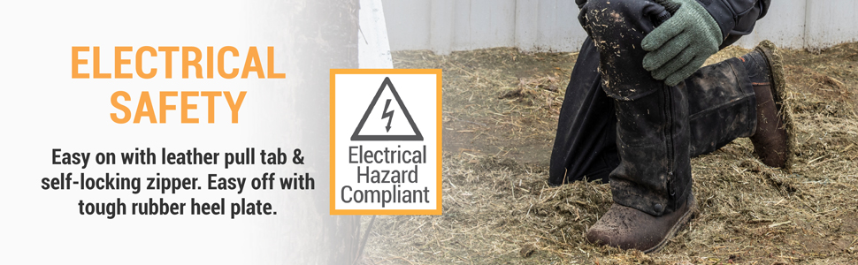 Electrical safety. Easy  on with leather pull tab and self-locking zipper. Easy off with tough rubber heel plate.