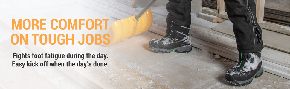 More comfort on tough jobs. Fights foot fatigue during the day. Easy kick off when the day's done.