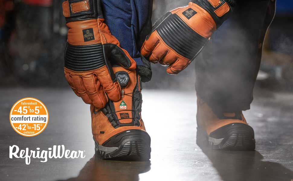 Man using the Boa system on the RefrigiWear 1954 Hiker Boots