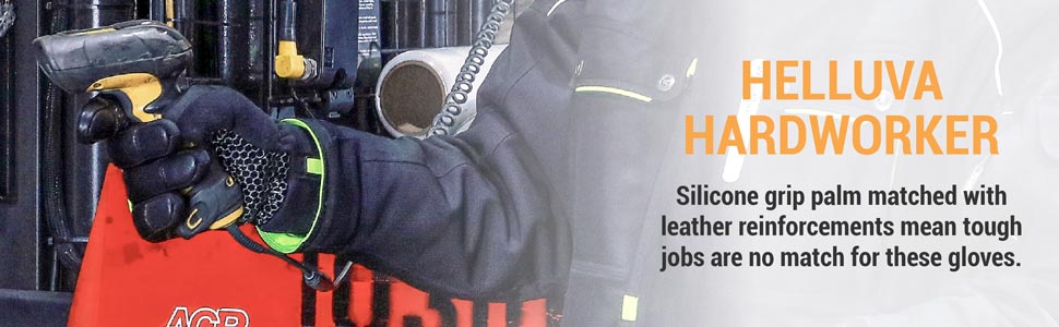 Helluva hardworker. Silicone grip palm matched with leather reinforcements mean tough jobs are no match for these gloves.