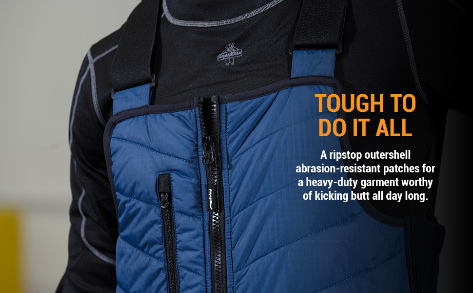 Tough to do it all. A ripstop outershell abrasion-resistant patches for a heavy-duty garment worth of kicking butt all day long.