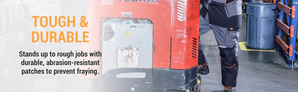 Tough and durable. Stands up to rough jobs with durable, abrasion-resistant patches to prevent fraying.