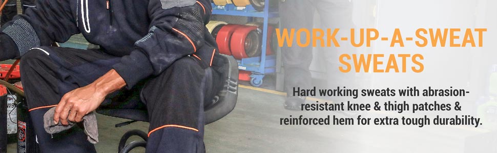 Work up a sweat sweats. Hard working sweats with abrasion resistant knee and thigh patches and reinforced hem for extra tough durability.