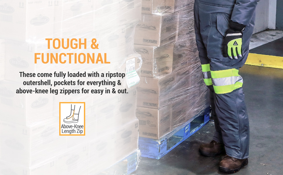 Tough and functional. These come fully loaded with a ripstop outershell, pockets for everything and above knee leg zippers for easy in and out.