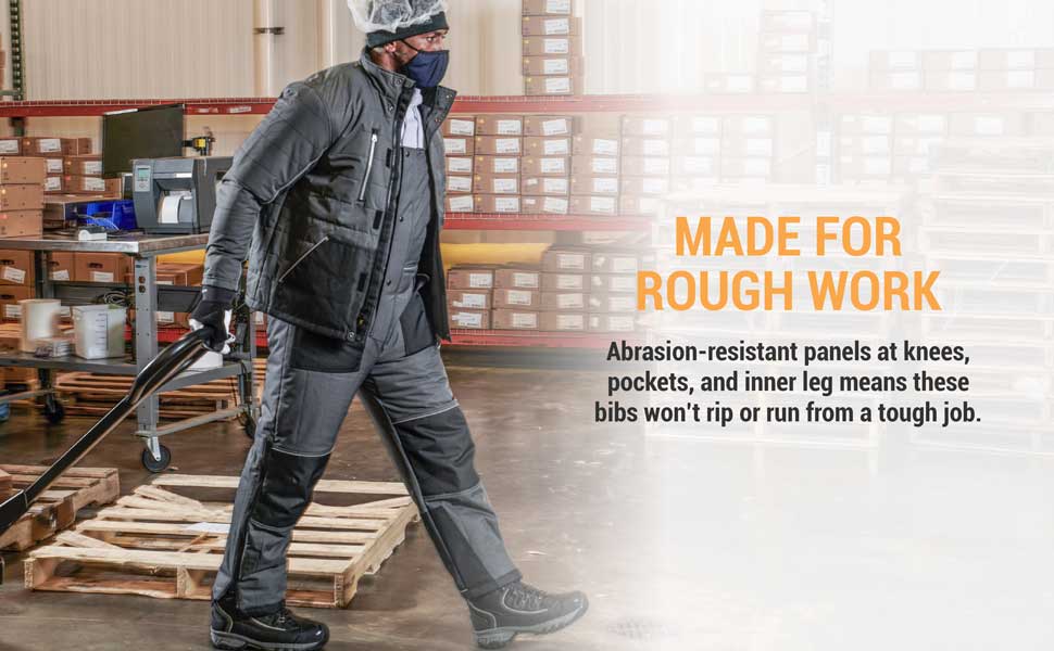 Made for rough work. Abrasion-resistant panels at knees, pockets, and inner leg means these bibs won't rip or run from a tough job.