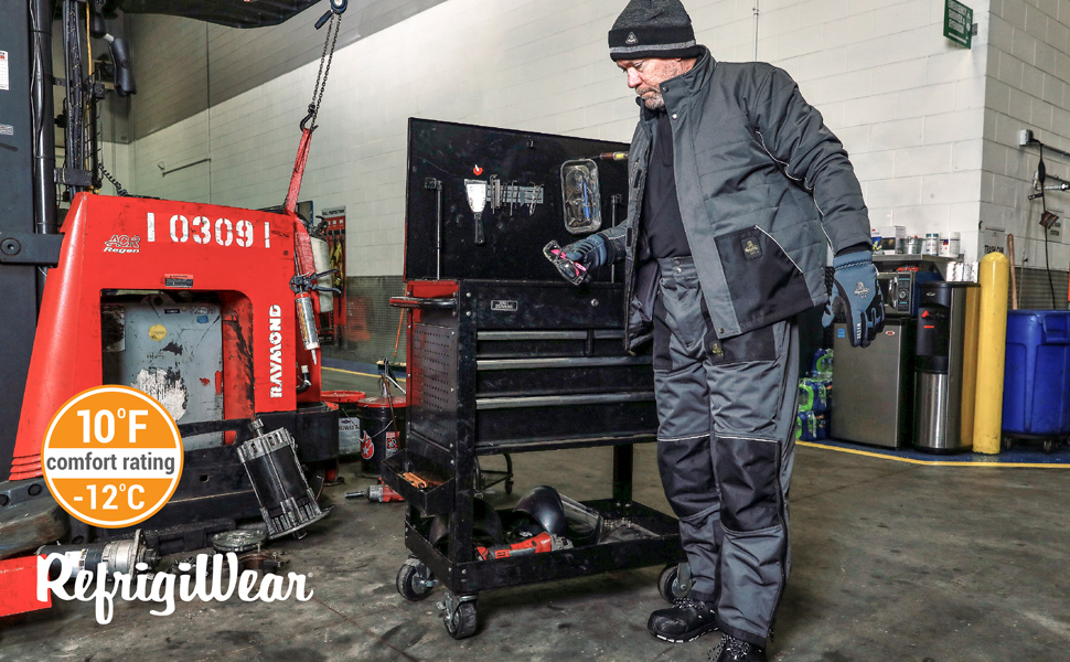 Man in Chillshield pants and jacket working in a cold shop.
