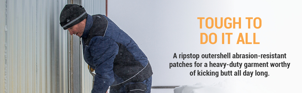 Tough to do it all. A ripstop outershell abrasion-resistant patches for a heavy duty garment worthy of kicking butt all day.
