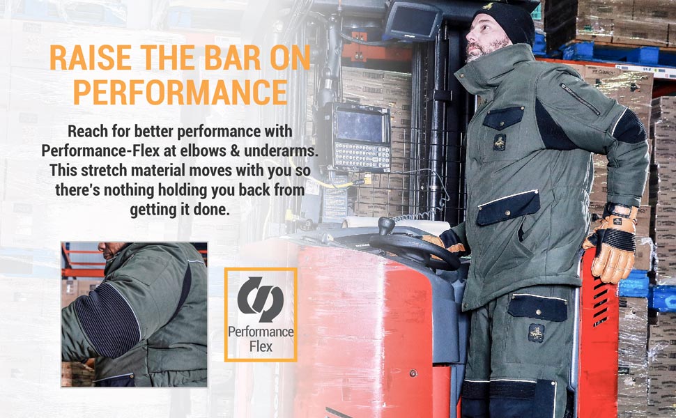 Raise the bar on performance. Reach for better performance with Performance-Flex at elbows and underarms. This stretch material moves with you so there's nothing holding you back from getting it done.