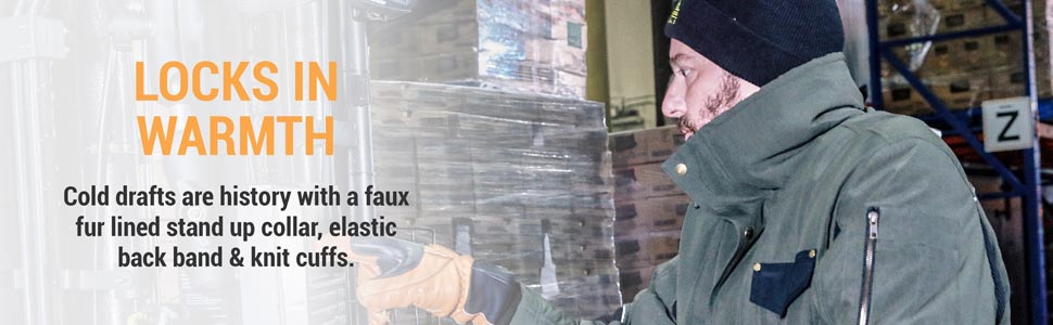 Locks in warmth. Cold drafts are history with a faux fur lined stand up collar, elastic back band and knit cuffs.