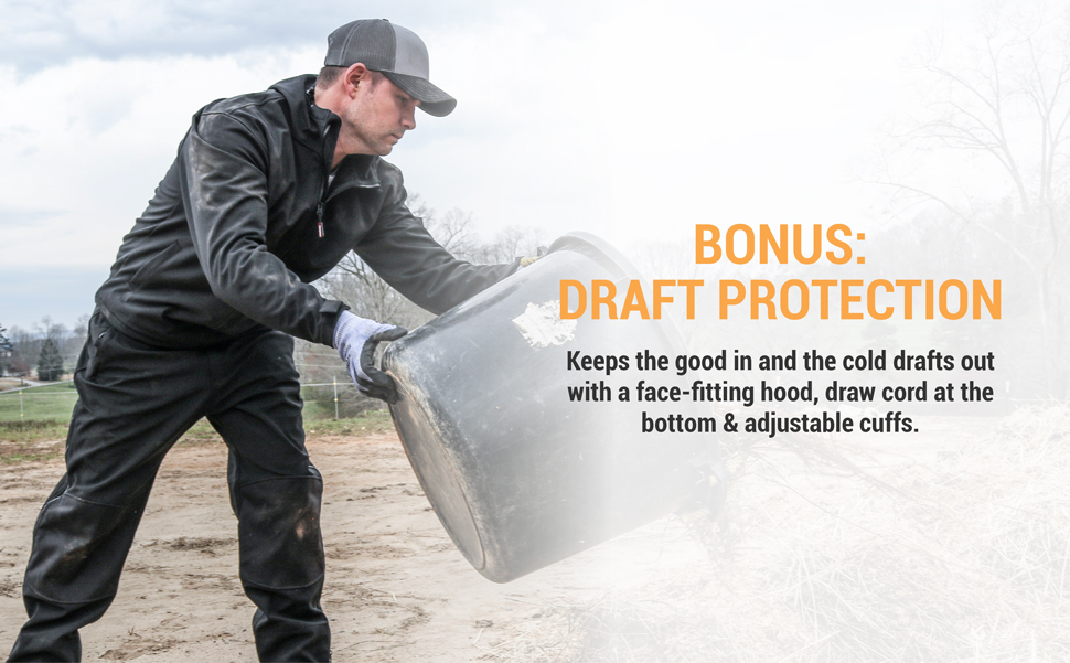 Bonus: Draft protection. Keeps the good in and the cold drafts out with a face-fitting hood, draw cord at the bottom and adjustable cuffs.