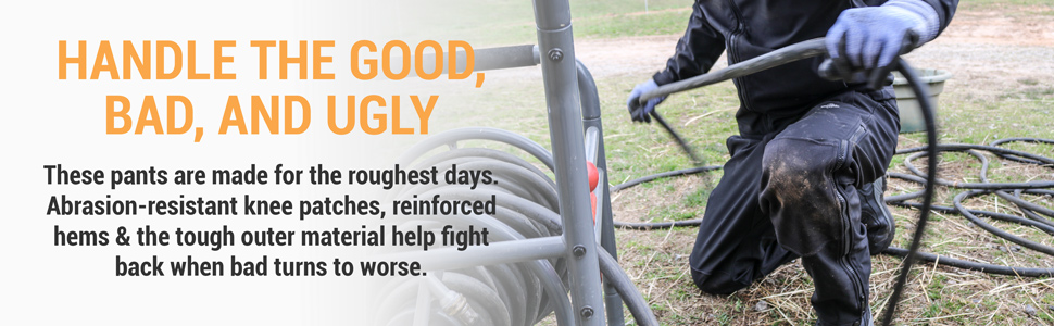 Handle the good, bad, and ugly. These pants are made for the roughest days. Abraision-resistant knee patches, reinforced hems and the tough outer material help fight back when bad turns to worse.